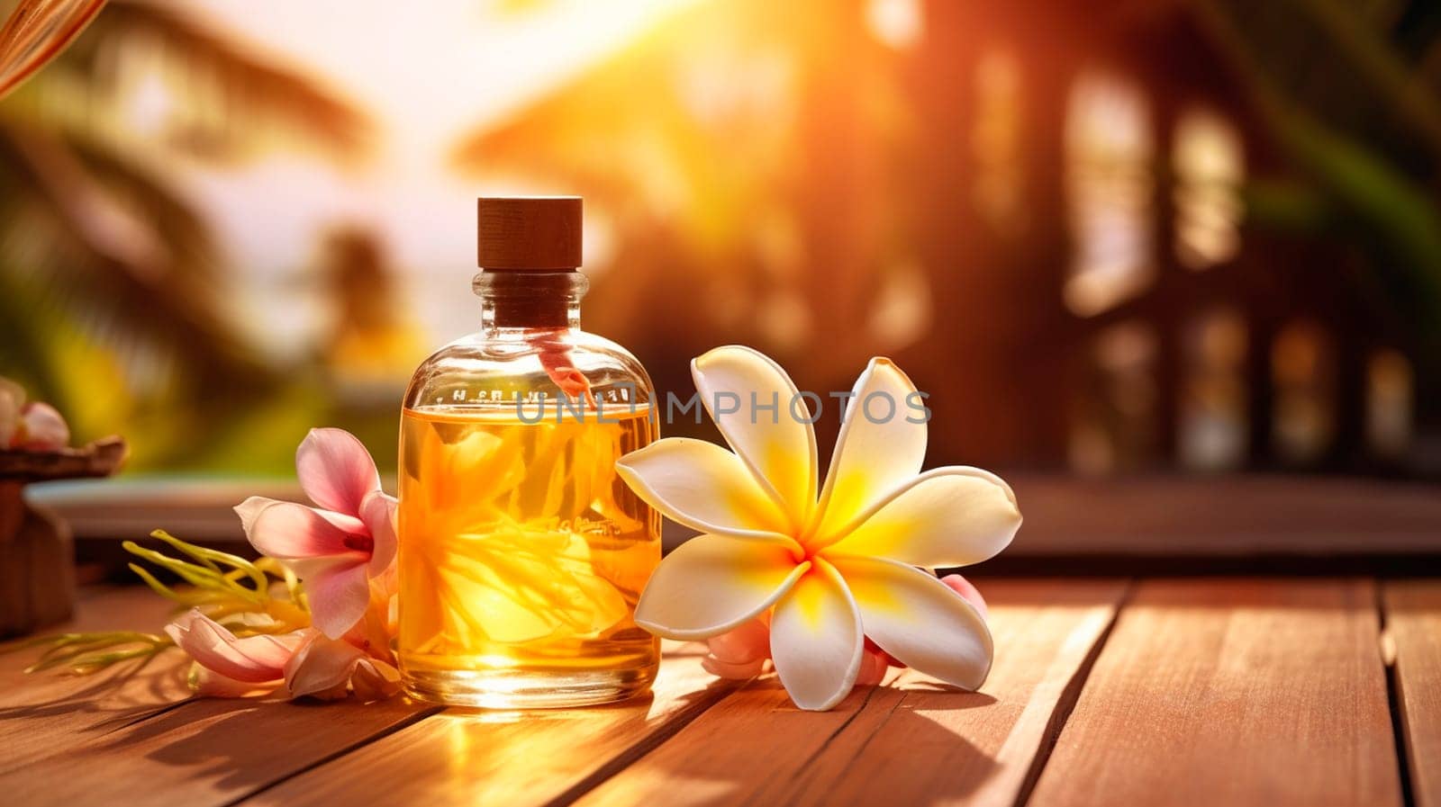 Monoi de Tahiti essential oil in a bottle. Generative AI, by yanadjana