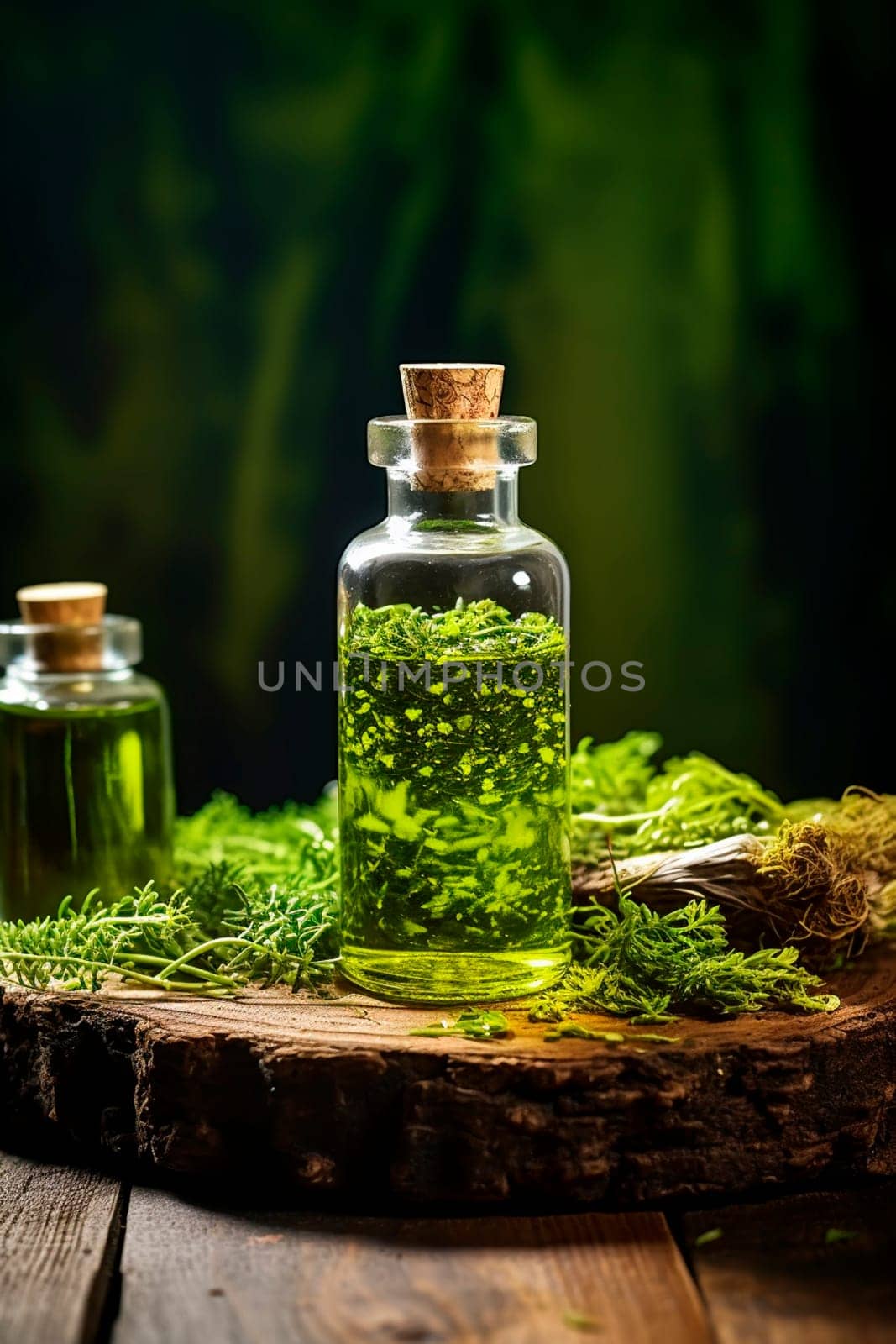 oil with moss on a forest background. Generative AI, Nature.