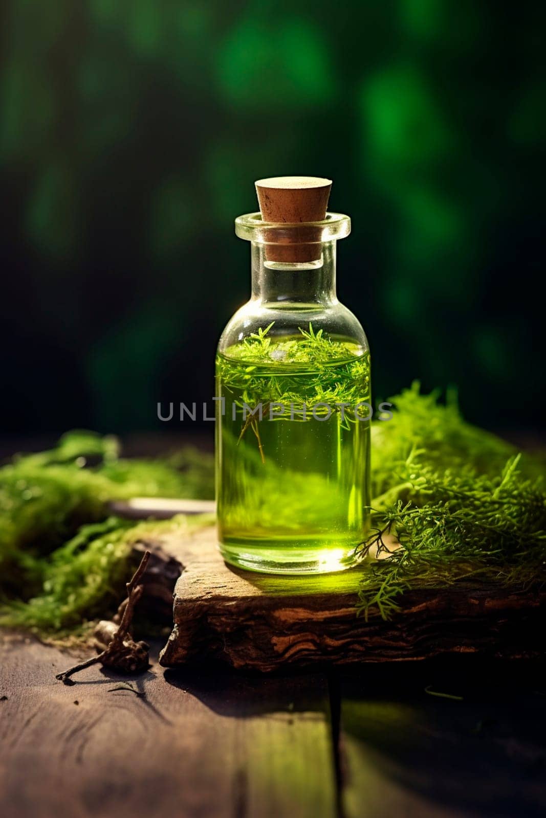 oil with moss on a forest background. Generative AI, Nature.