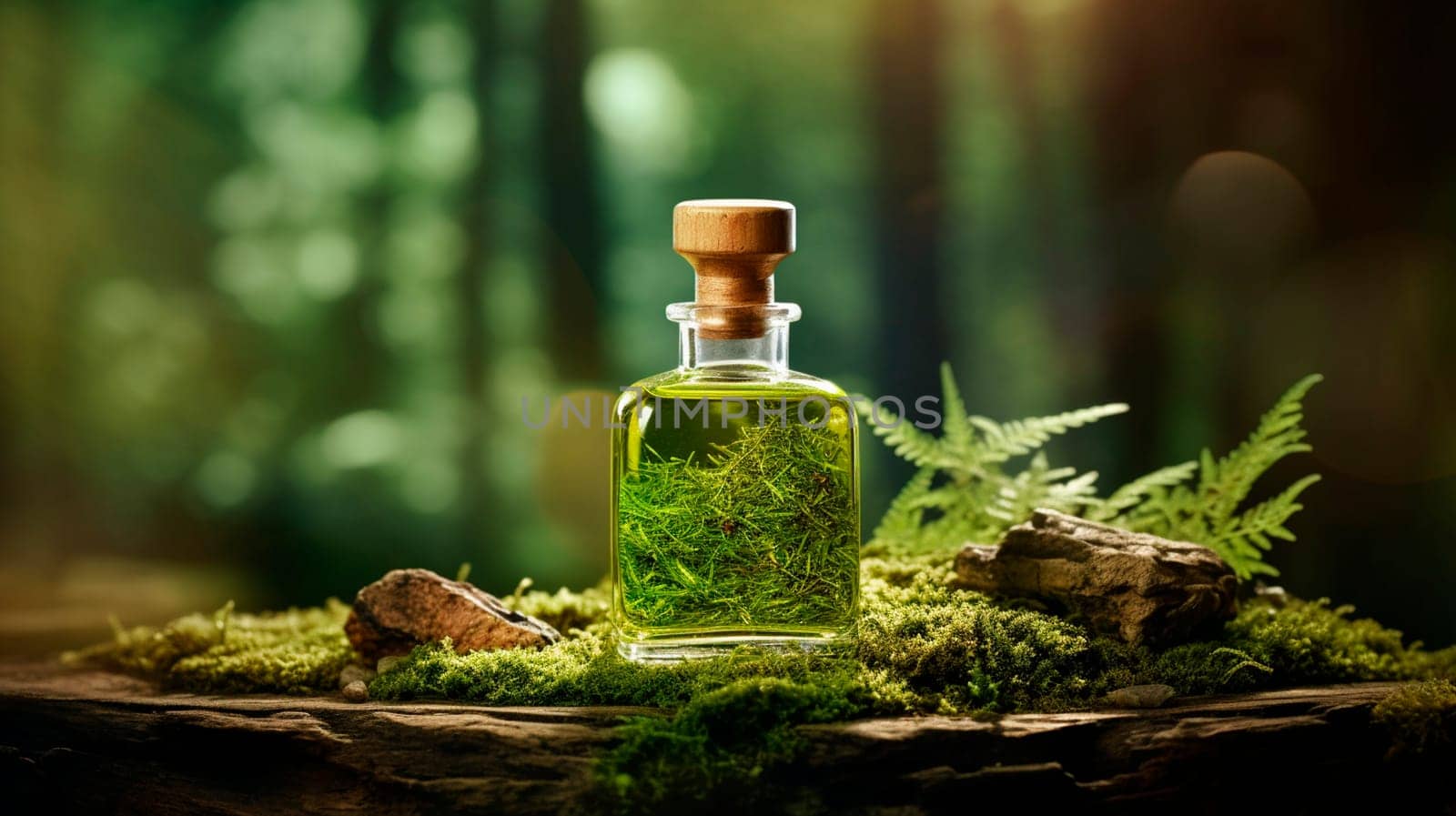 oil with moss on a forest background. Generative AI, Nature.