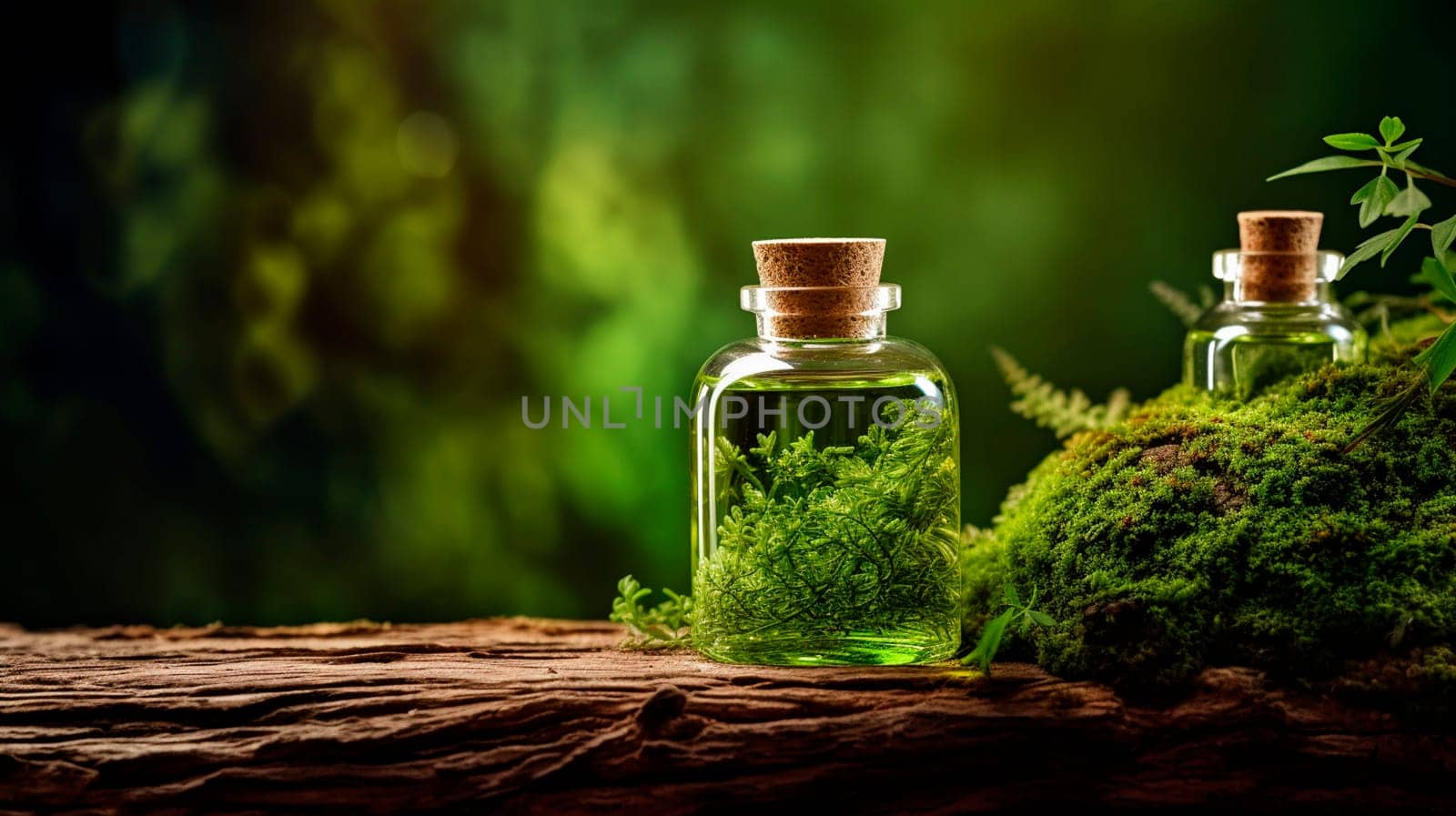 oil with moss on a forest background. Generative AI, Nature.