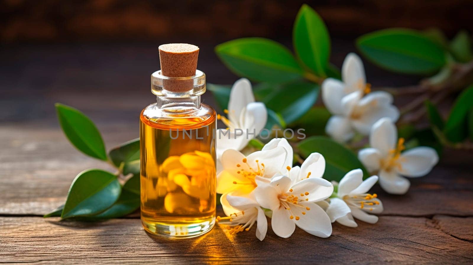 Neroli essential oil in a bottle. Generative AI, by yanadjana