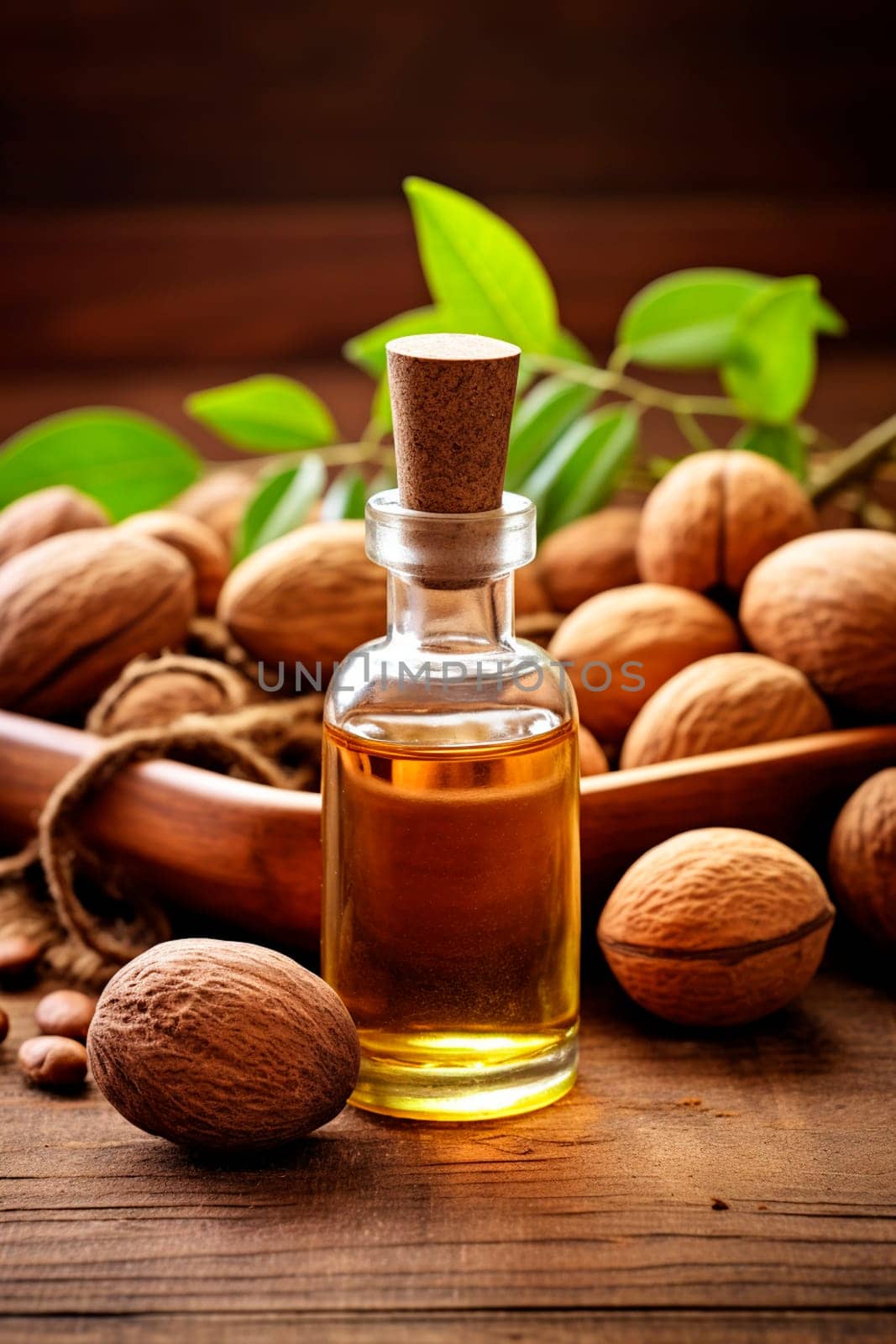 Nutmeg essential oil in a bottle. Generative AI, by yanadjana