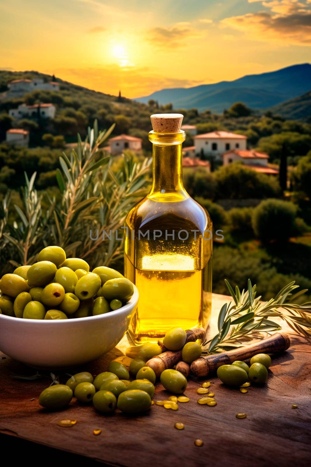 Olive oil against the backdrop of the Italian village. Generative AI, Food.
