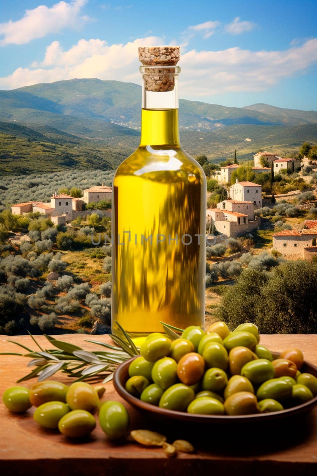 Olive oil against the backdrop of the Italian village. Generative AI, by yanadjana