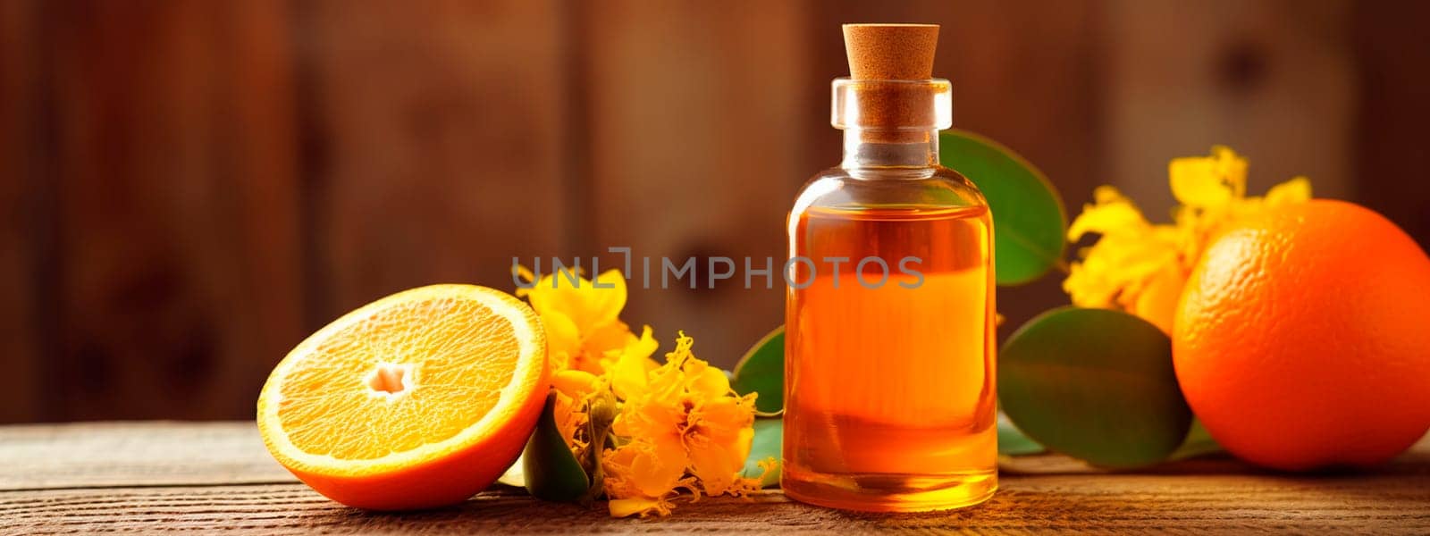 Orange essential oil in a bottle. Generative AI, by yanadjana