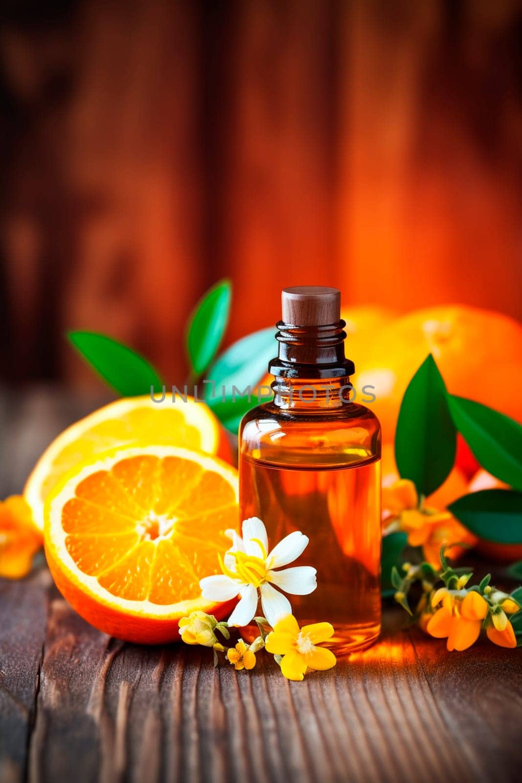 Orange essential oil in a bottle. Generative AI, by yanadjana