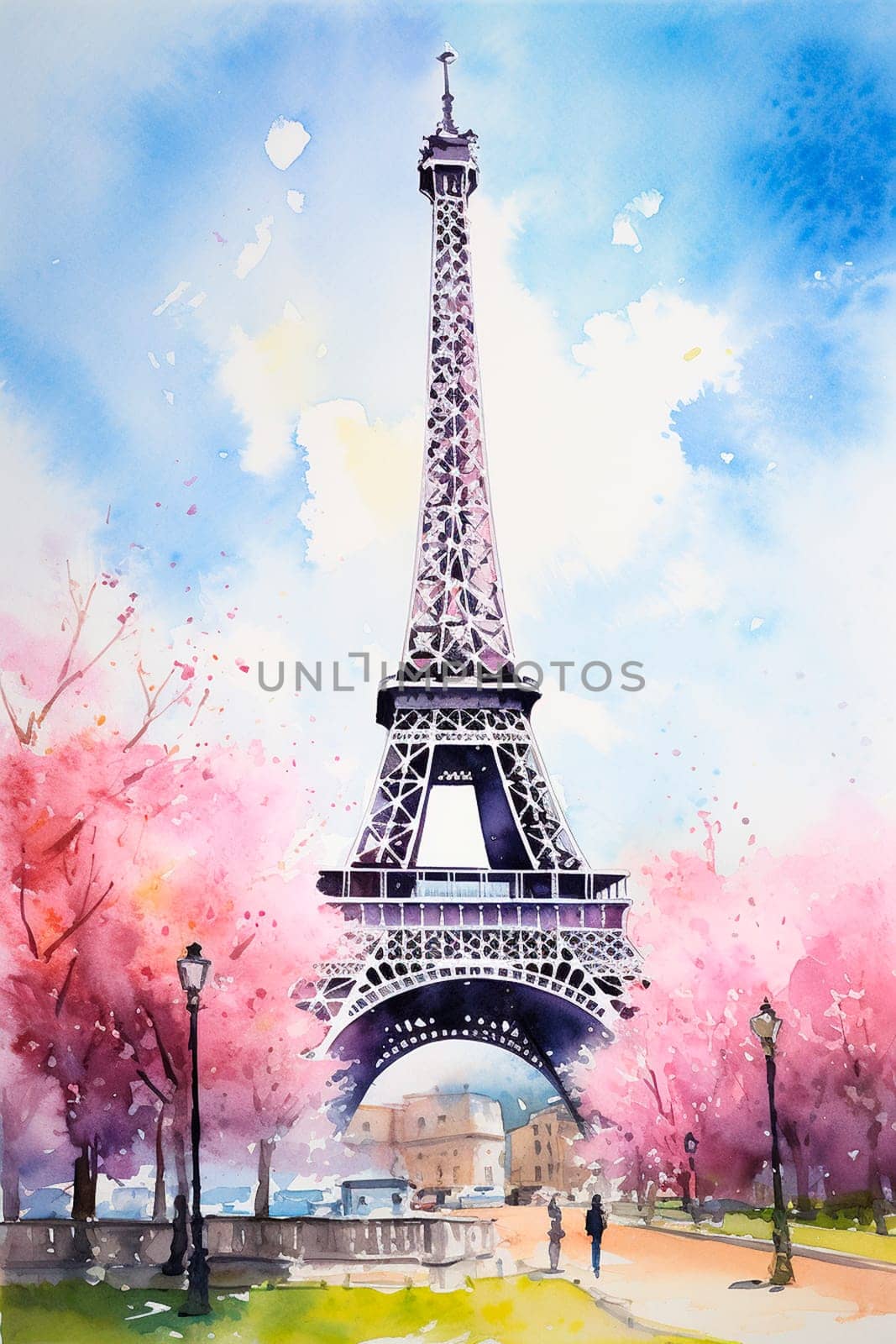 Watercolor drawing of the Eiffel Tower. Generative AI, by yanadjana