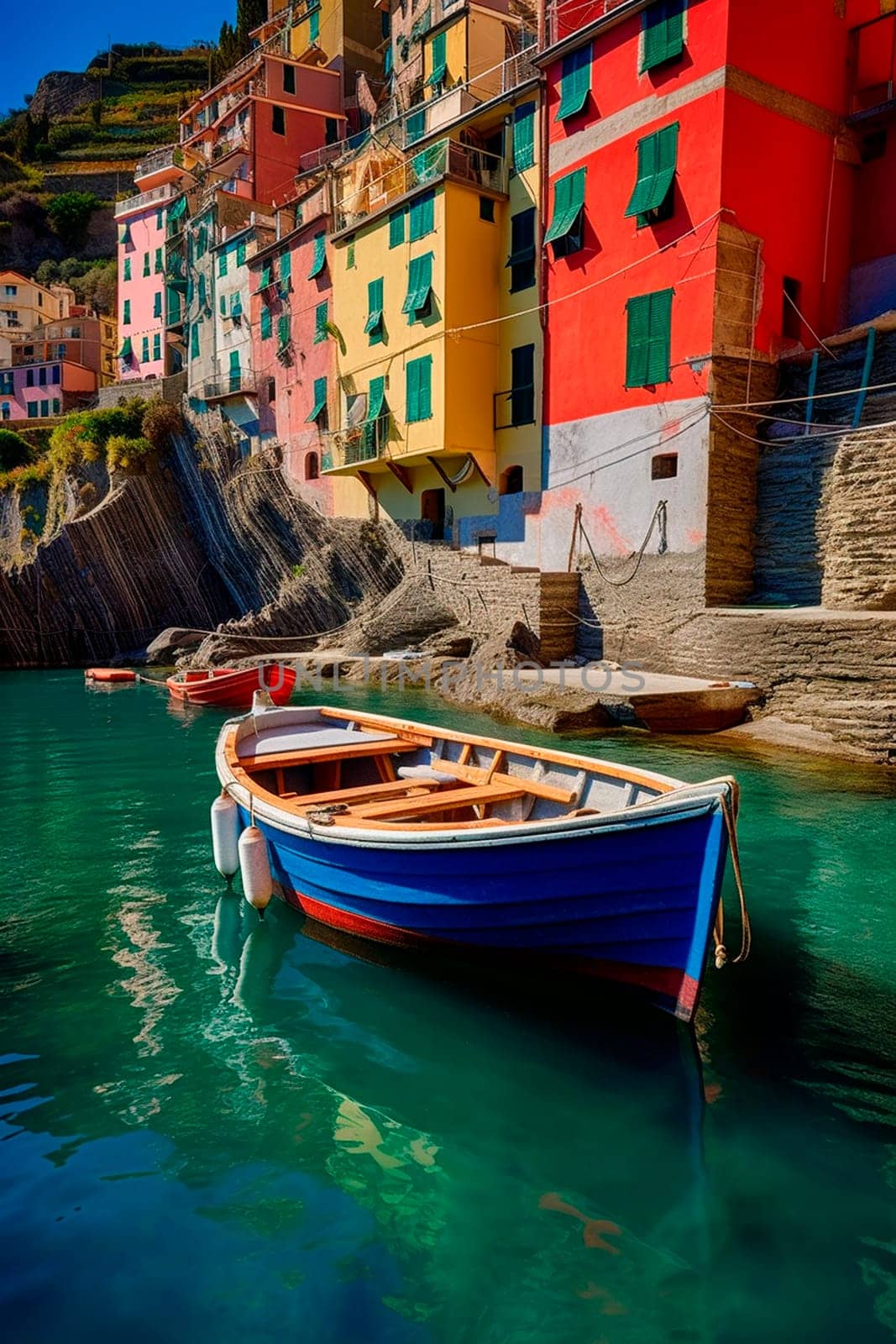 Peaceful fishing village of Riomaggiore, cliffside, colorful buildings, Cinque Terre coast, Italian river, Mediterranean sea, Europe. Generative AI, Summer.