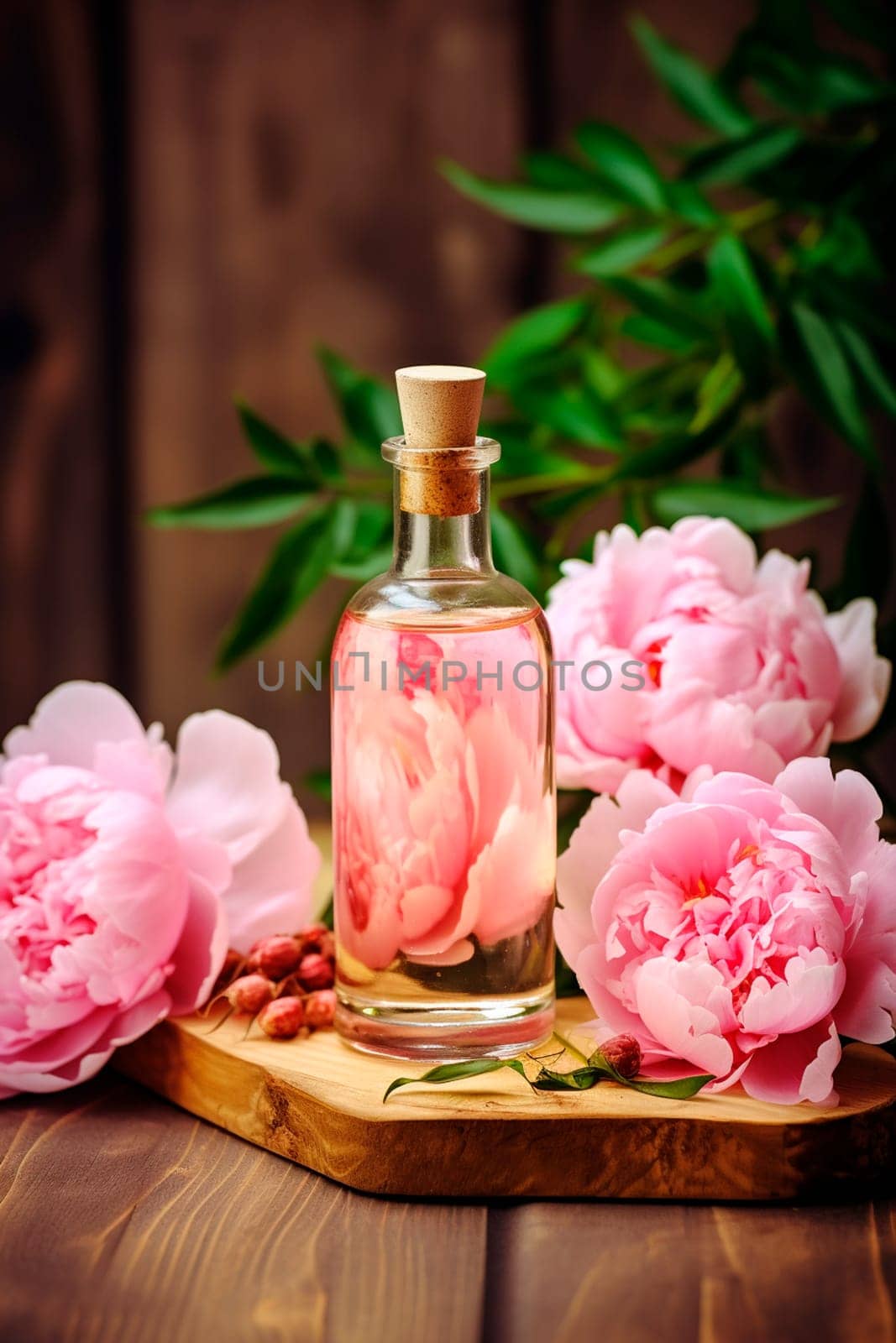 Peony essential oil in a bottle. Generative AI, by yanadjana