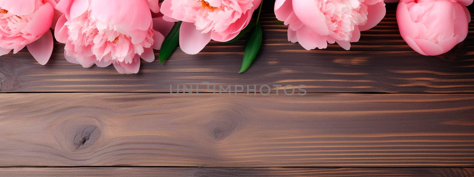 Peonies flowers on a wooden background. Generative AI, by yanadjana