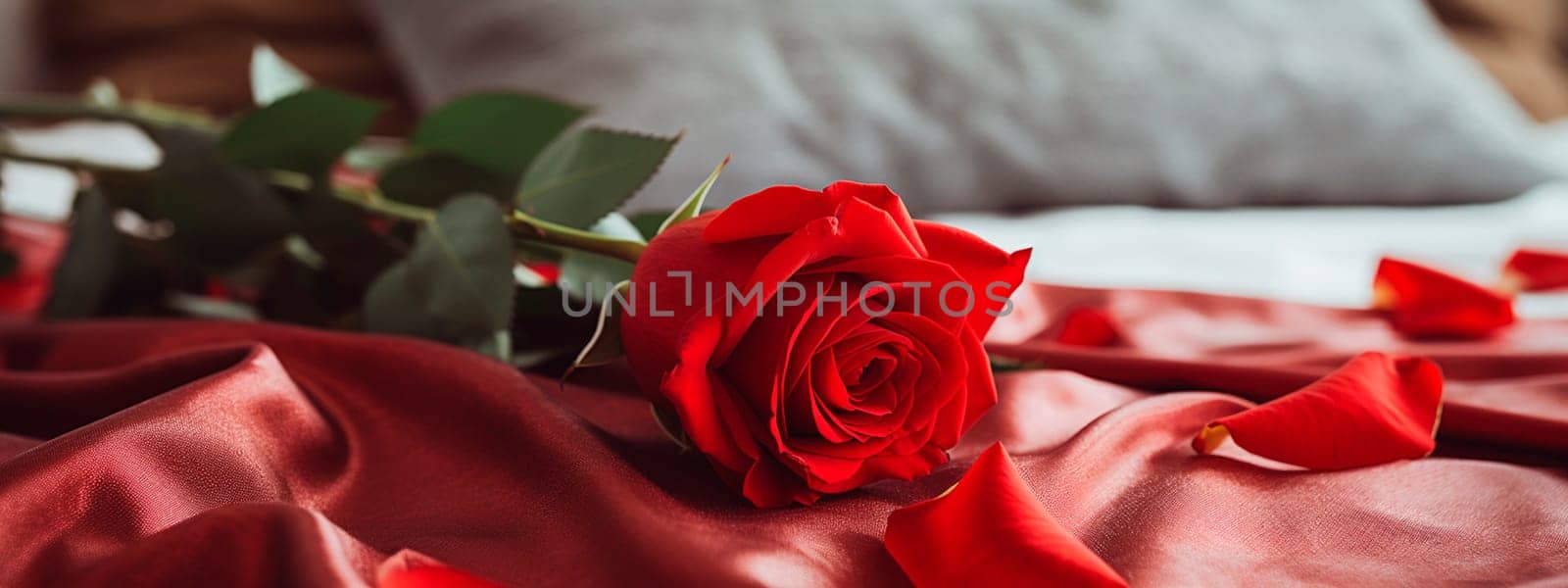 Red rose on the bed. Generative AI, by yanadjana