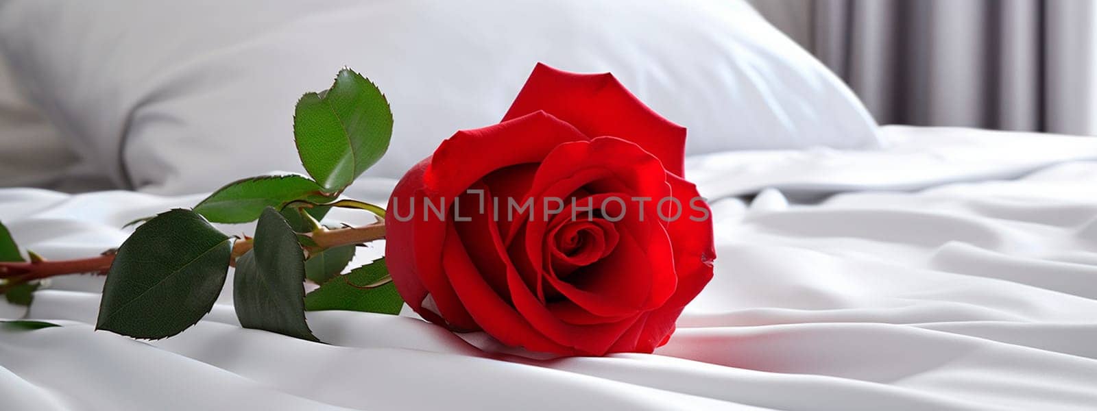 Red rose on the bed. Generative AI, by yanadjana