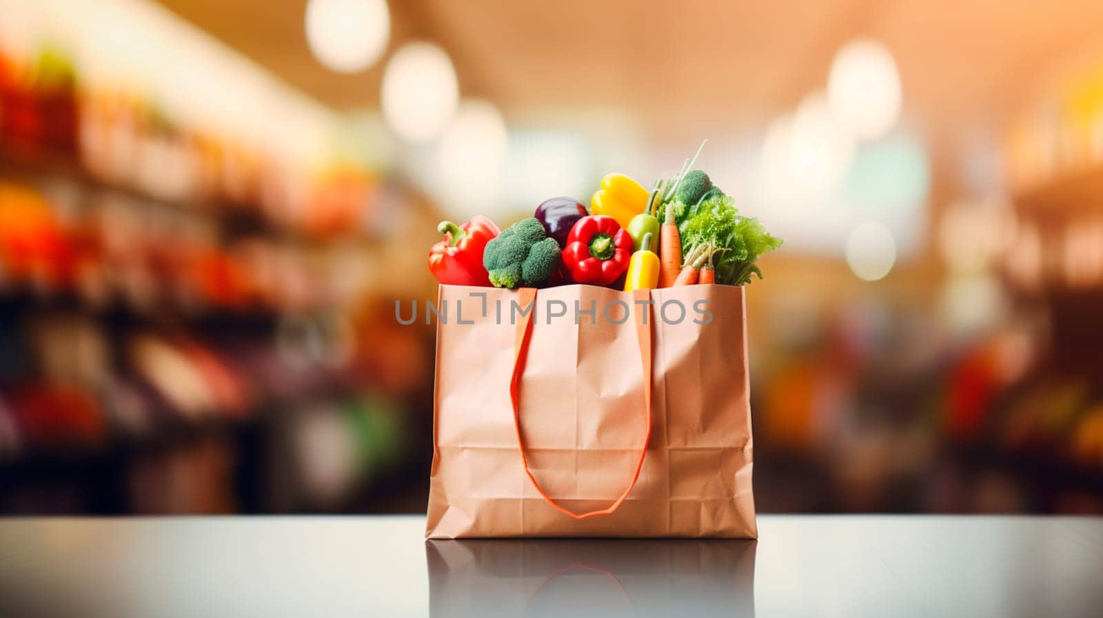A bag of vegetables on the background of a supermarket. Generative AI, by yanadjana