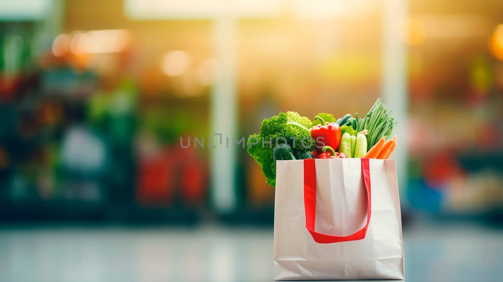A bag of vegetables on the background of a supermarket. Generative AI, by yanadjana