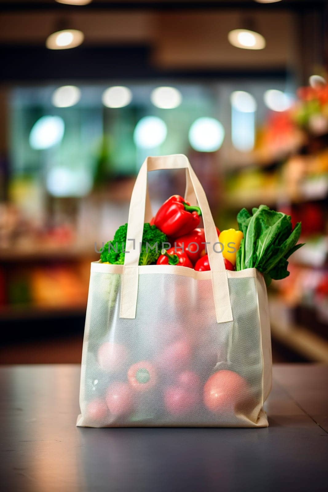 A bag of vegetables on the background of a supermarket. Generative AI, Food.