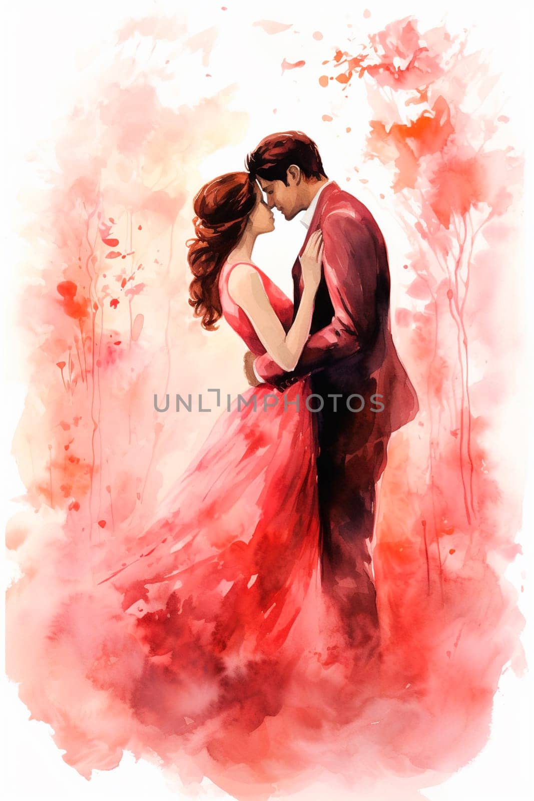 Romantic watercolor couple kissing on Valentine's Day. Generative AI, by yanadjana