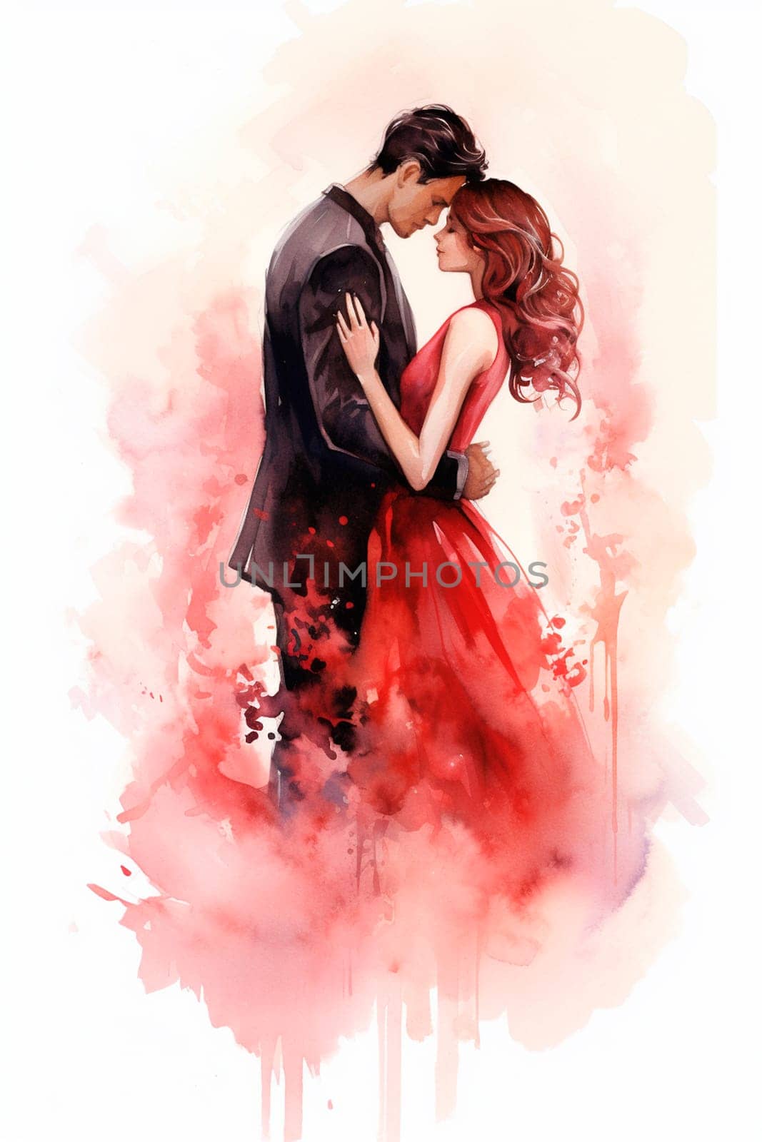 Romantic watercolor couple kissing on Valentine's Day. Generative AI, by yanadjana