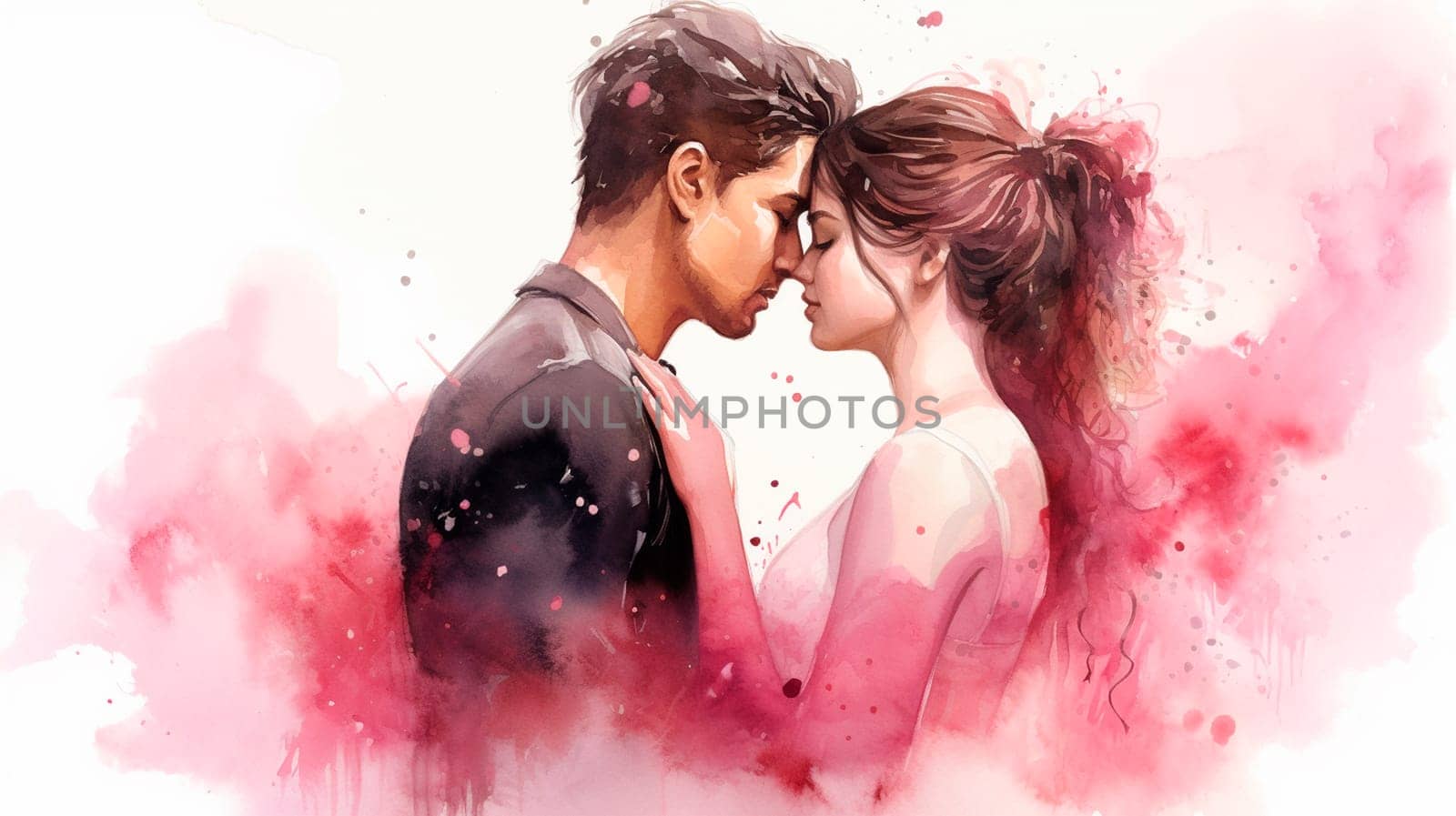 Romantic watercolor couple kissing on Valentine's Day. Generative AI, People.