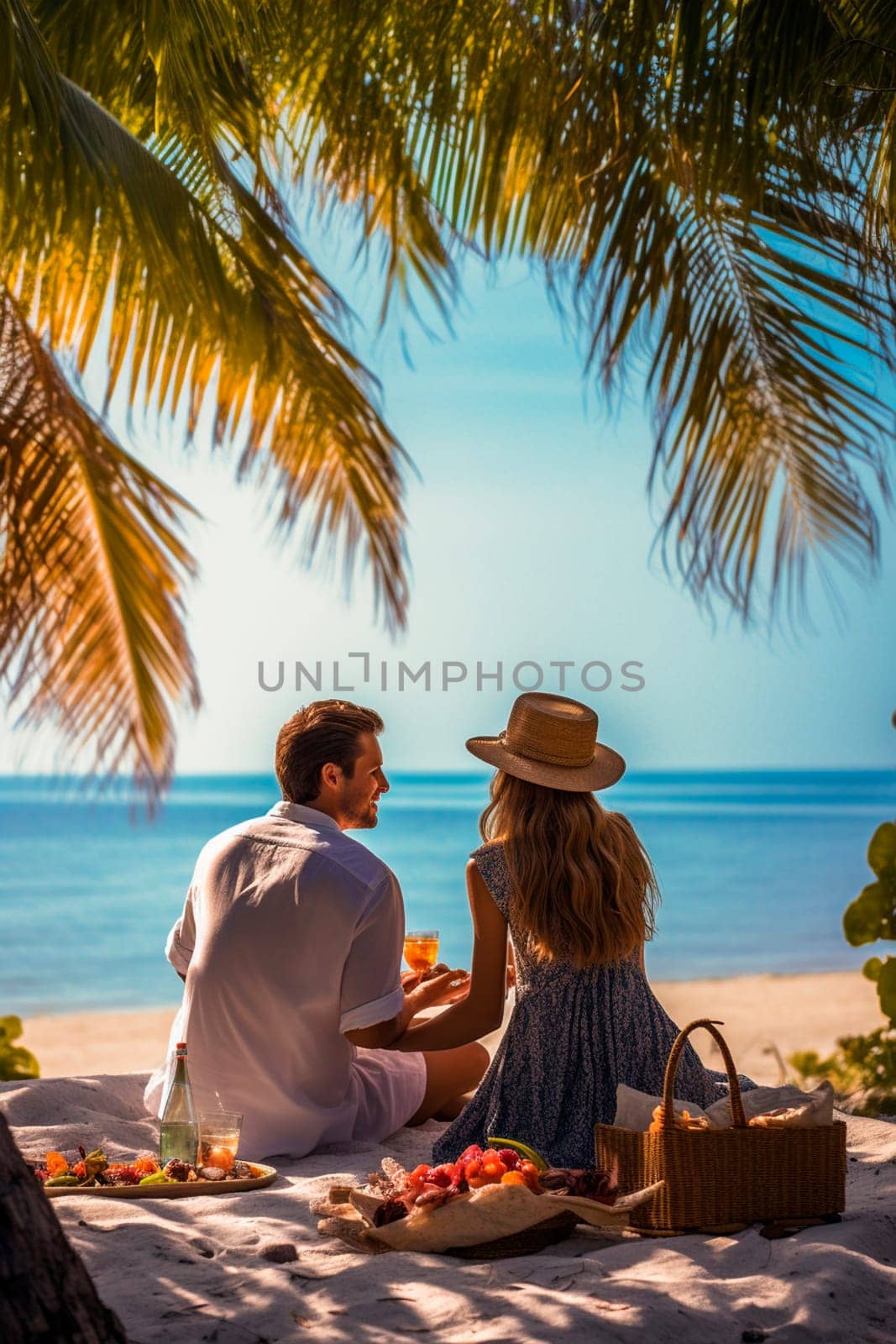Romantic couple having a picnic on the beach. Generative AI, by yanadjana