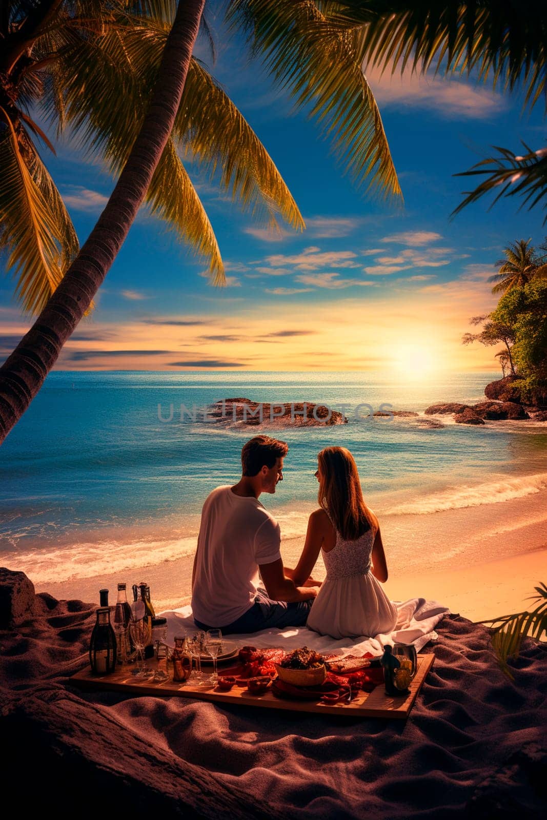 Romantic couple having a picnic on the beach. Generative AI, sea.