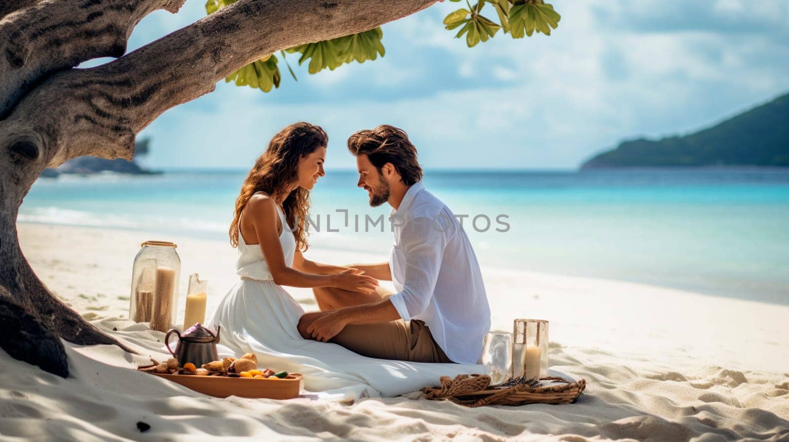 Romantic couple having a picnic on the beach. Generative AI, by yanadjana