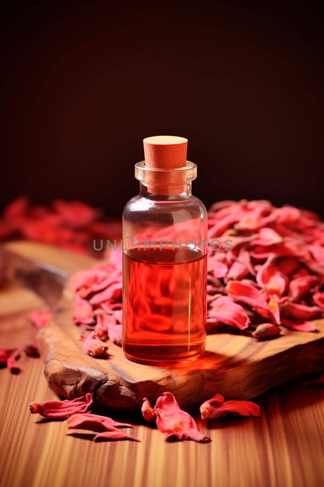 Rosewood essential oil in a bottle. Generative AI, by yanadjana