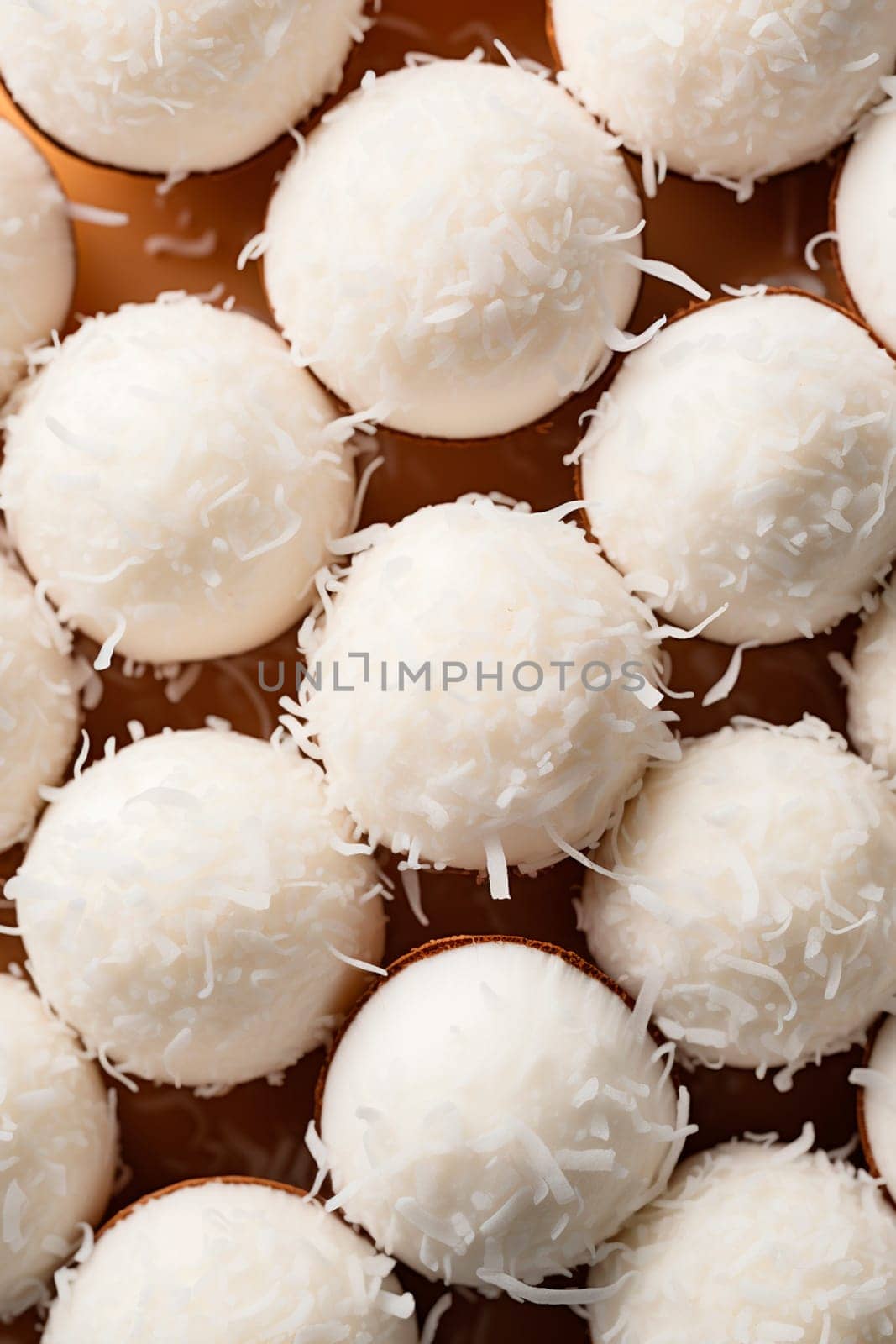 Coconut balls dessert with coconut flakes. Generative AI, by yanadjana