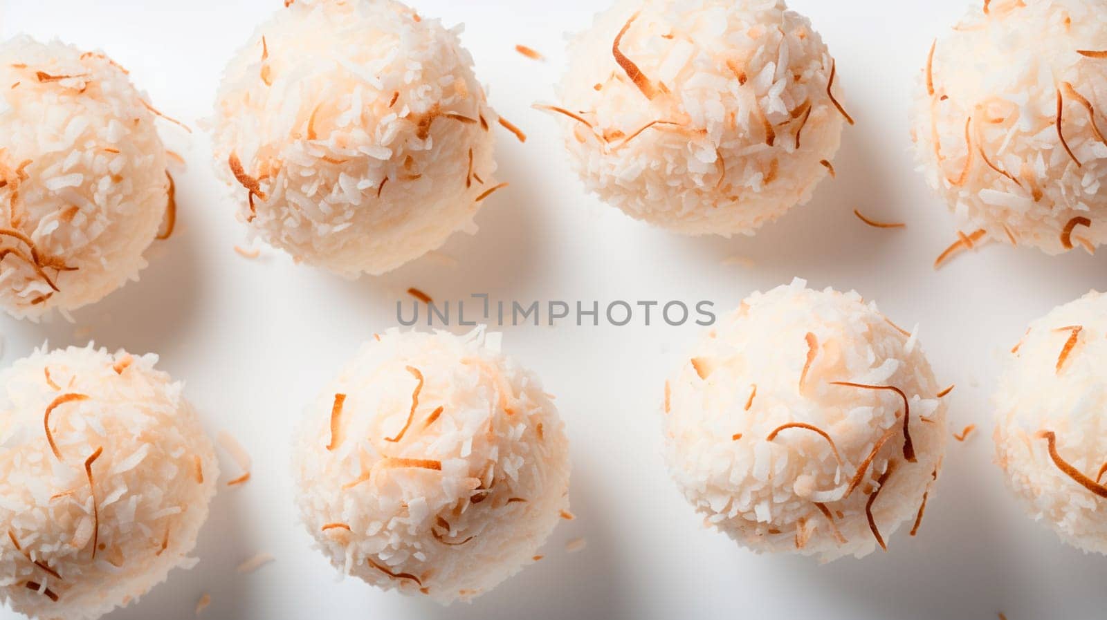 Coconut balls dessert with coconut flakes. Generative AI, by yanadjana