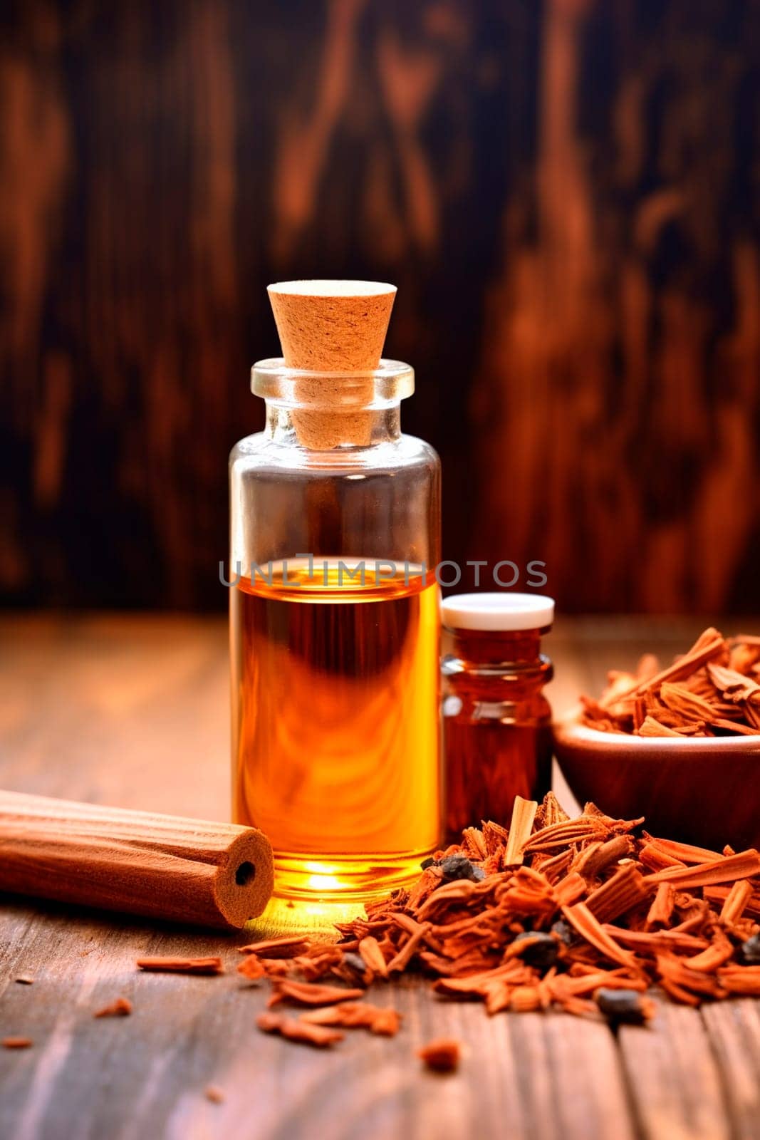 sandalwood essential oil in a bottle. Generative AI, by yanadjana