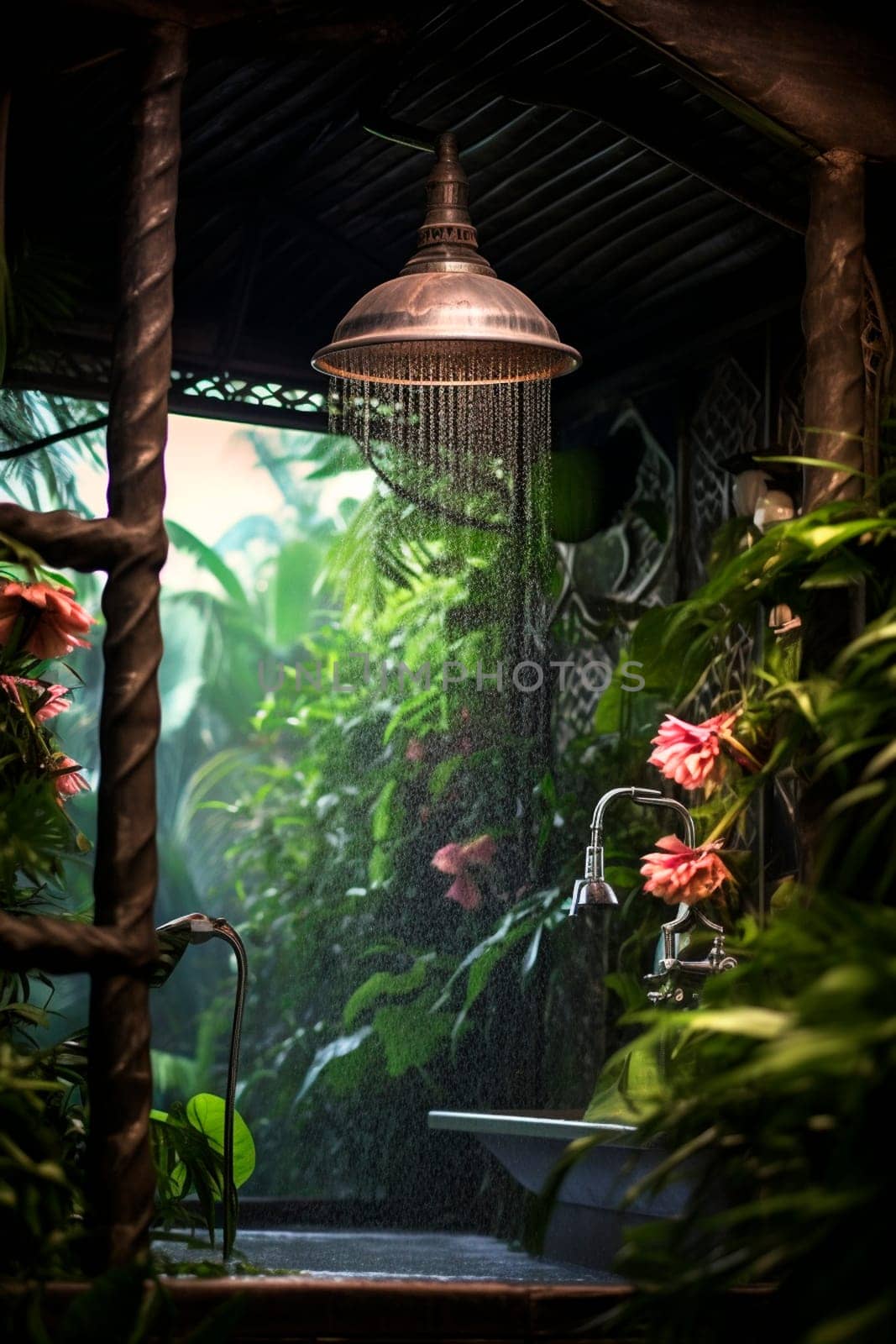 Summer shower in the jungle. Generative AI, by yanadjana