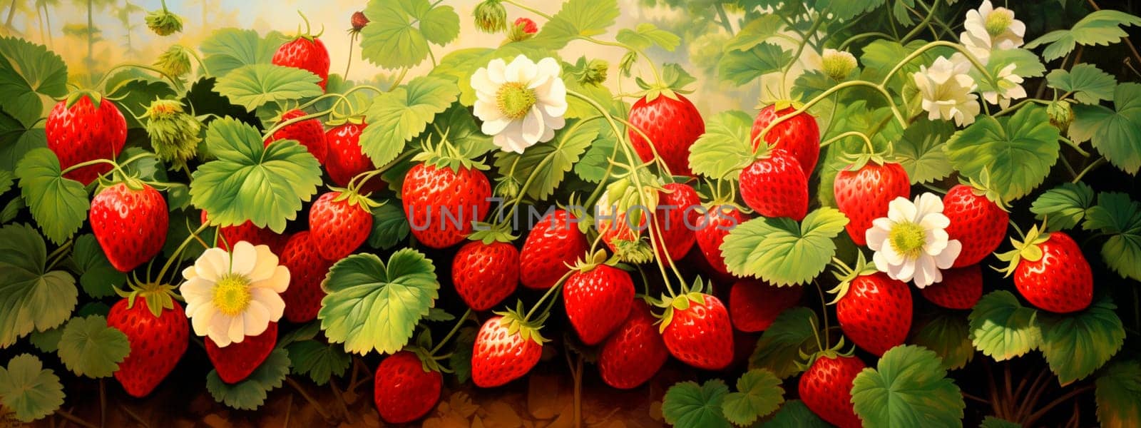 Ripe strawberries on the field. Generative AI, by yanadjana