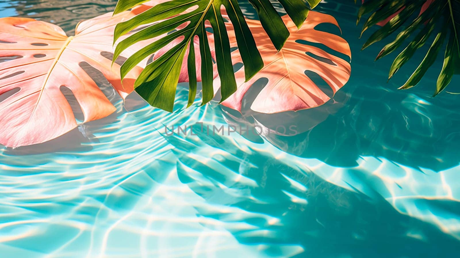 Palm leaves on the background of the pool. Generative AI, by yanadjana