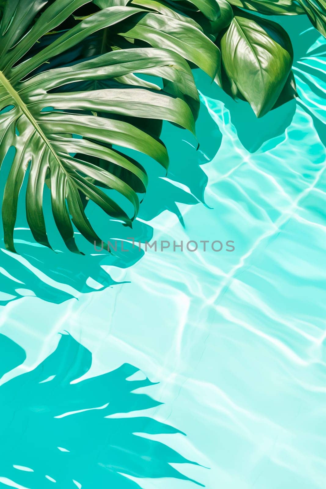 Palm leaves on the background of the pool. Generative AI, Sea.