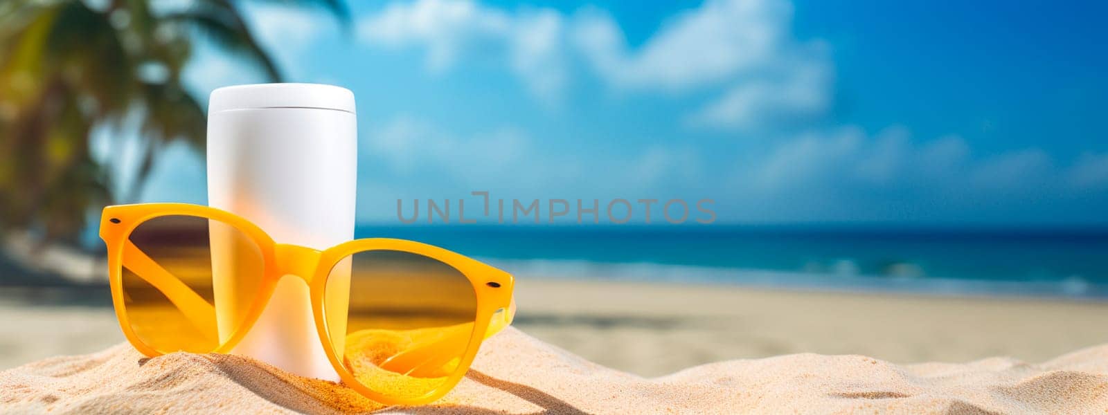 Suntan lotion and sunglasses on the beach. Generative AI, Sea.