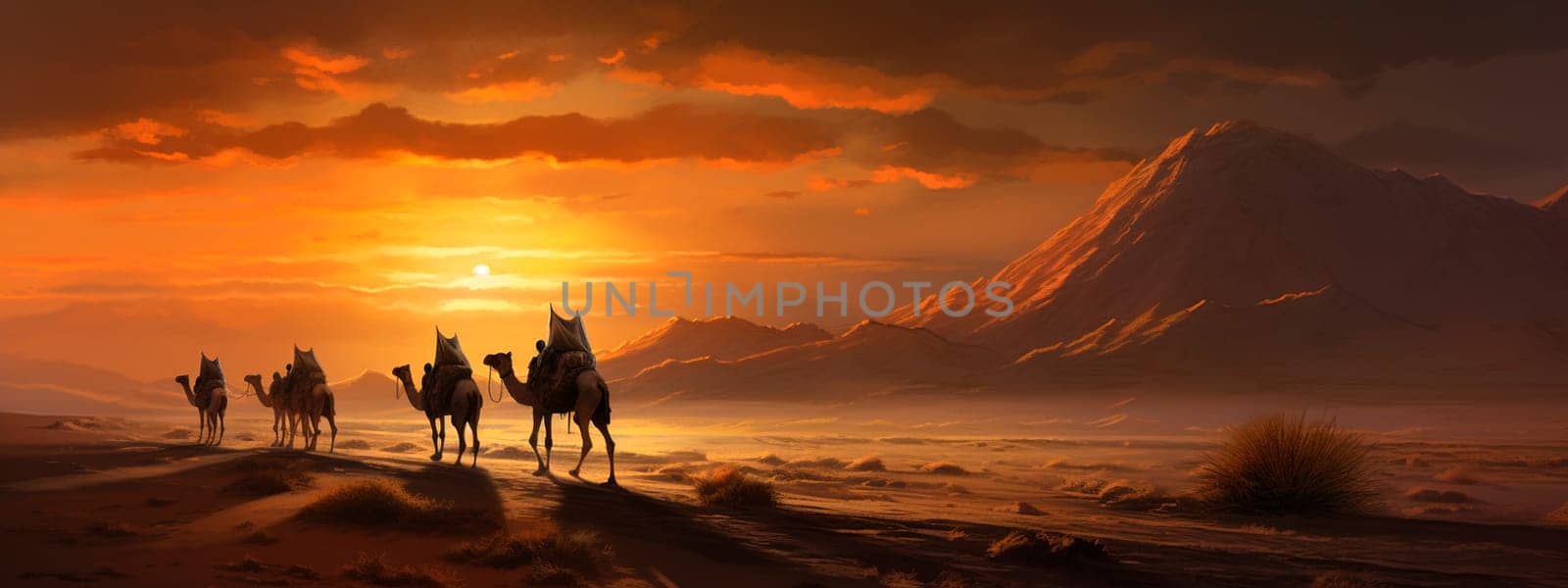 Camel caravan at sunset in the desert. Generative AI, by yanadjana