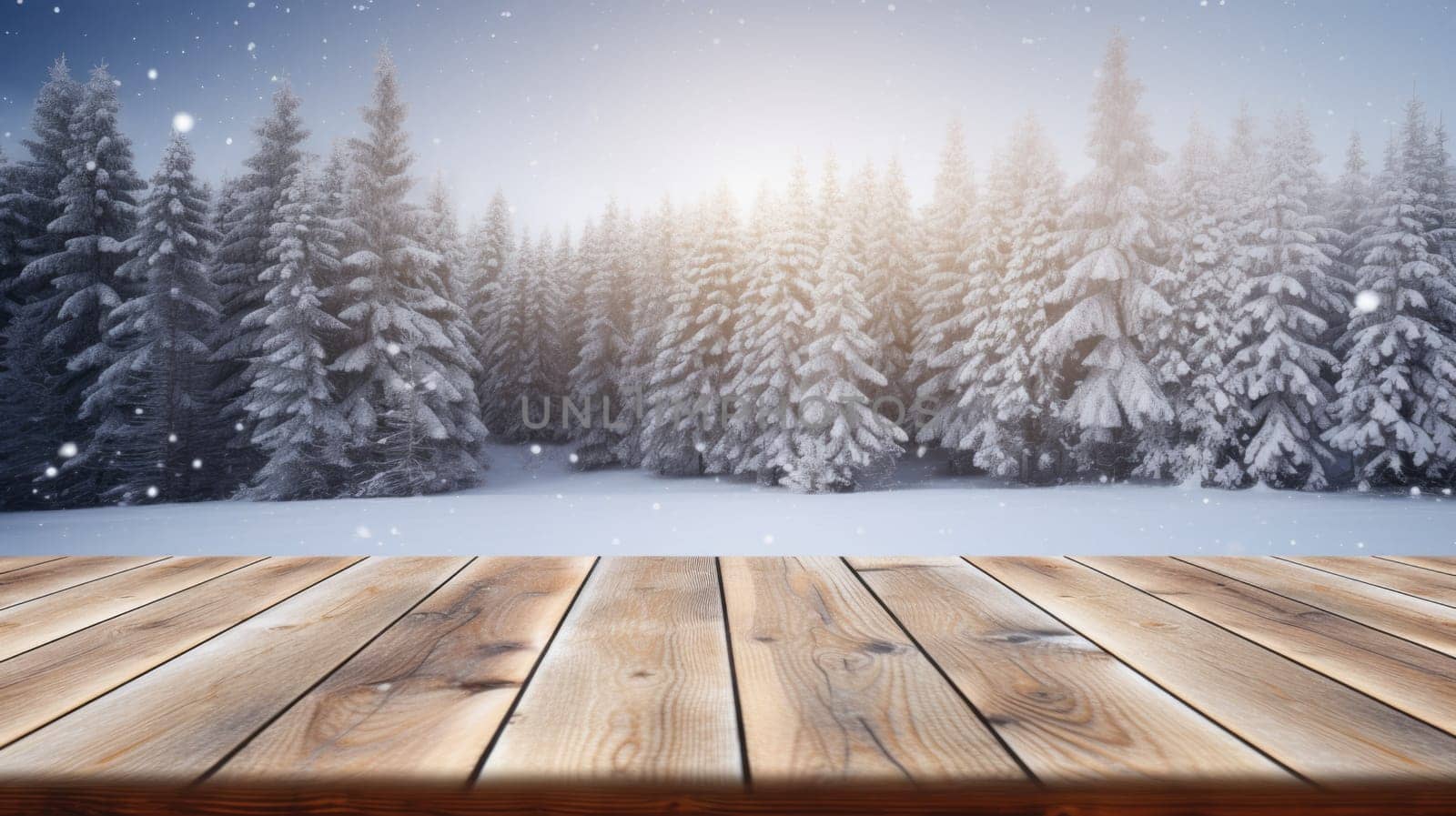 Table in beautiful winter landscape, wood plank in mountain outdoor comeliness by biancoblue