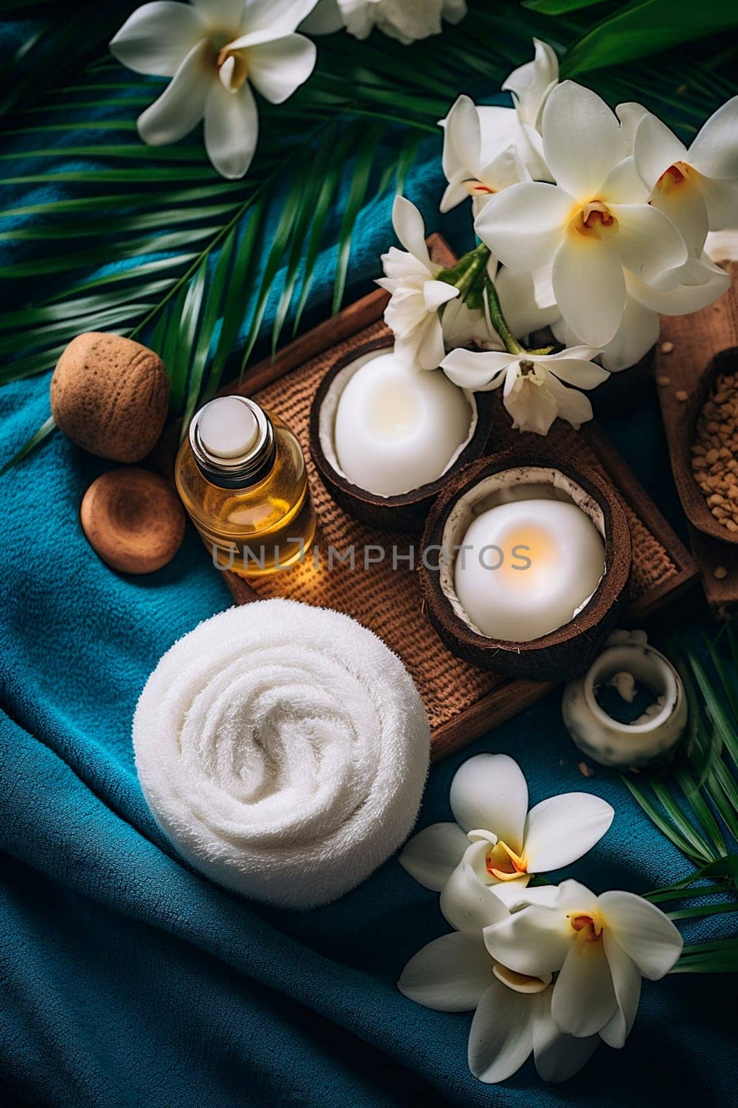 Cosmetic oils towels and flowers spa background. Generative AI, Spa.