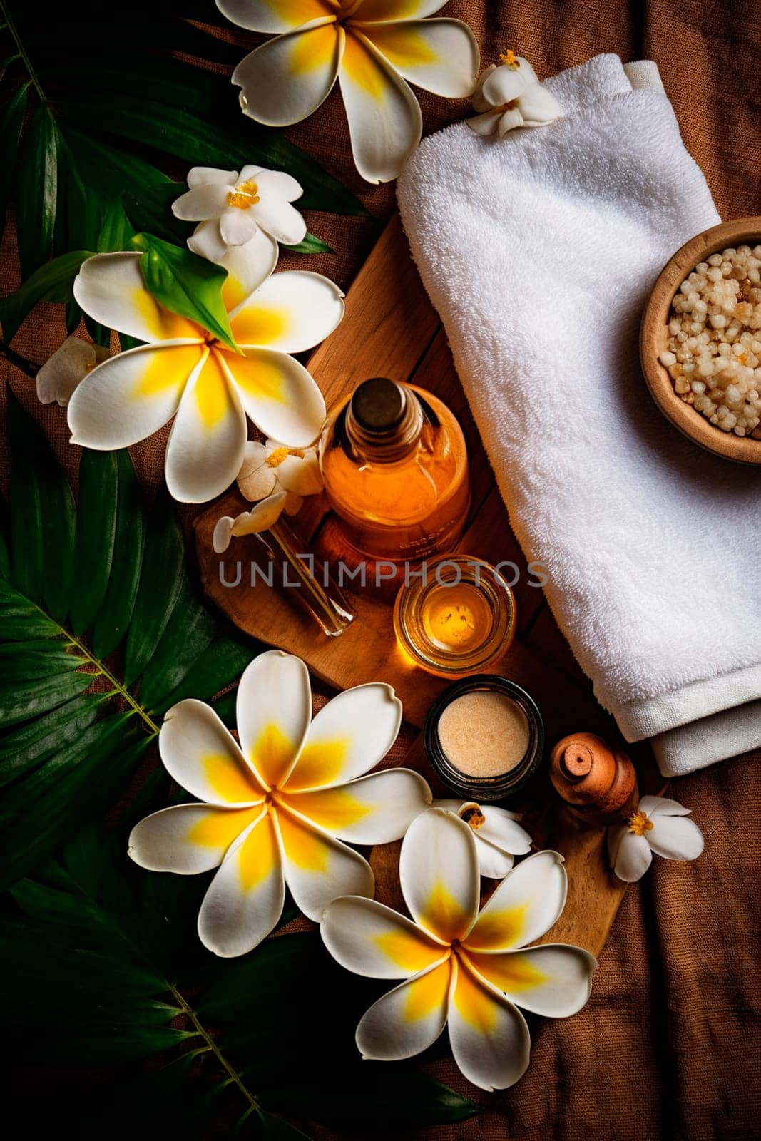 Cosmetic oils towels and flowers spa background. Generative AI, Spa.