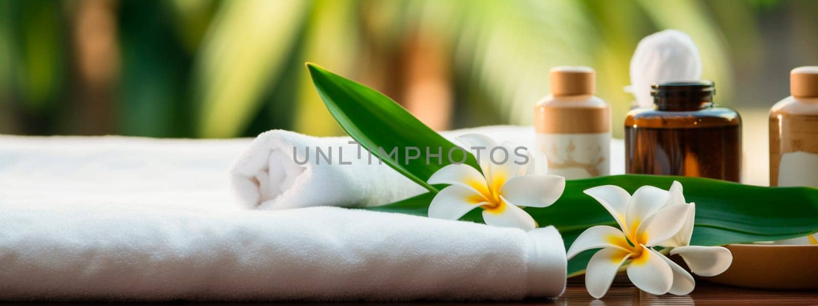 Cosmetic oils towels and flowers spa background. Generative AI, by yanadjana