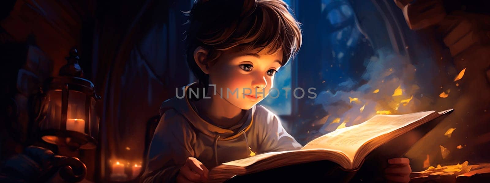 A child reads a book in a dark room. Generative AI, Kid.
