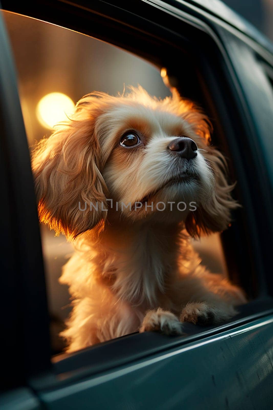 A dog rides in a car and looks out the window. Generative AI, animal.
