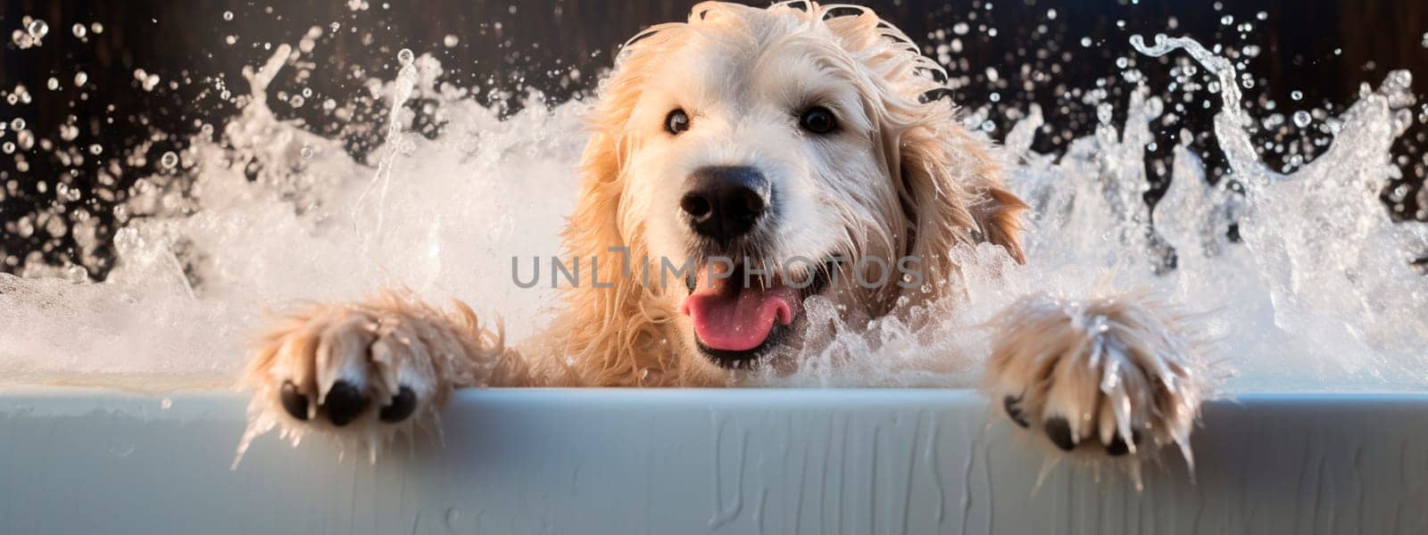 The dog bathes in a bubble bath. Generative AI, by yanadjana