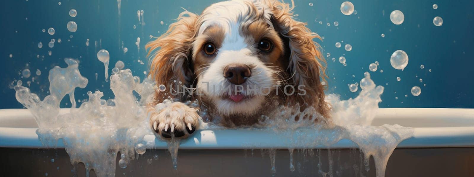 The dog bathes in a bubble bath. Generative AI, animal.