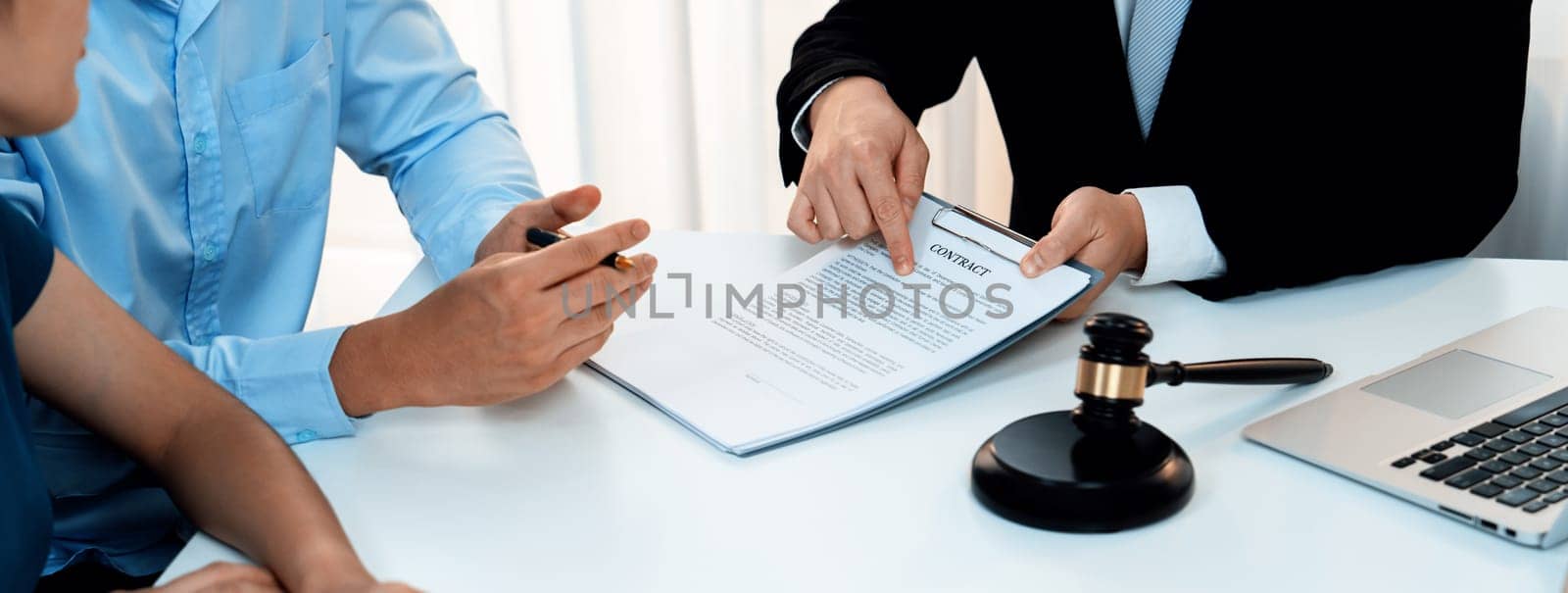 Couples file for divorcing and seek assistance from law firm to divide property after breakup. Obligations contract assist by lawyer in negotiating settlement agreement meeting. Panorama Rigid