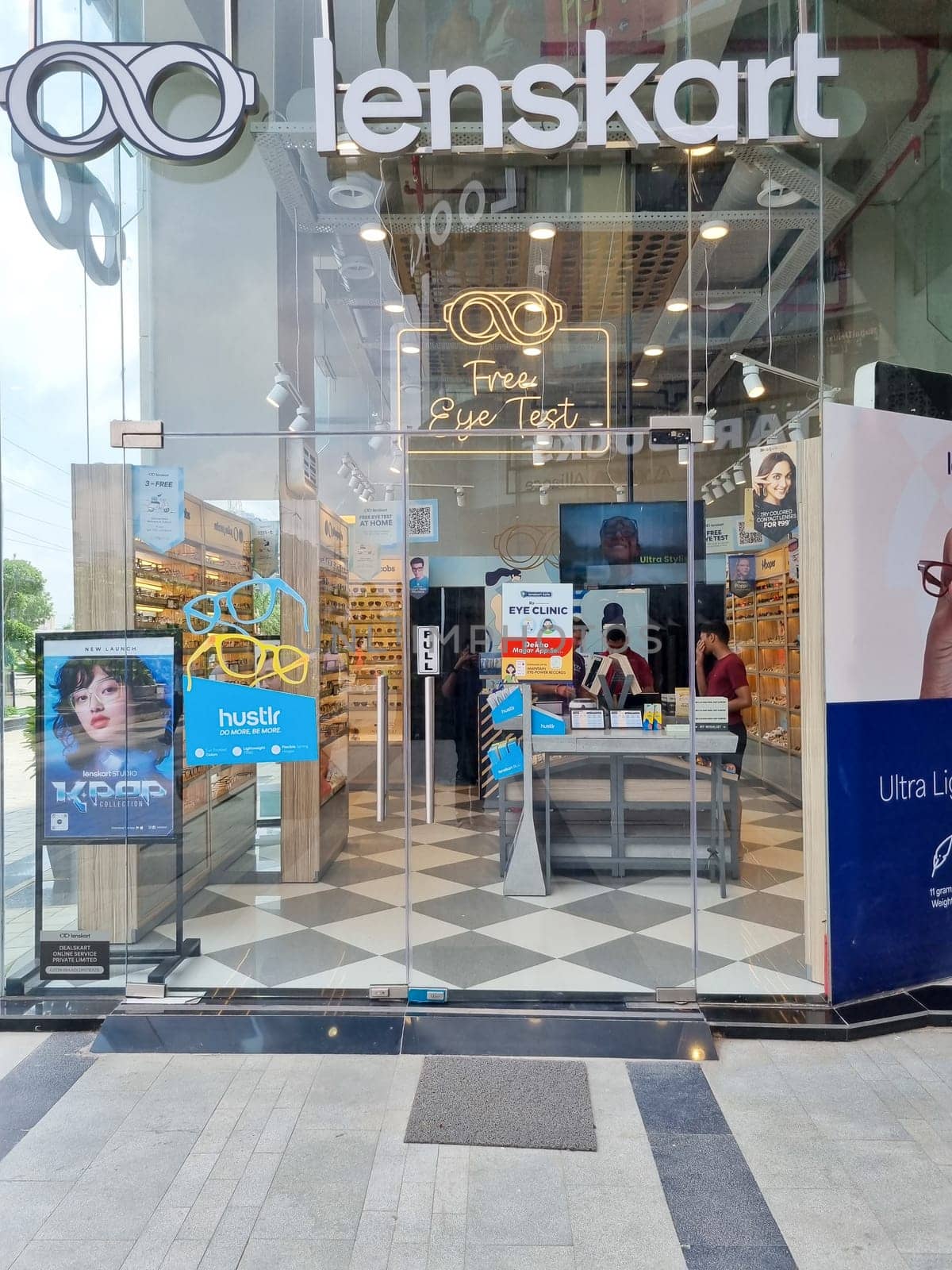 Gurgaon, Delhi, India - 17th Sept 2023: Outside shop of lenskart Indian startup which is now a decacorn unicorn with eyeglasses, sunglasses