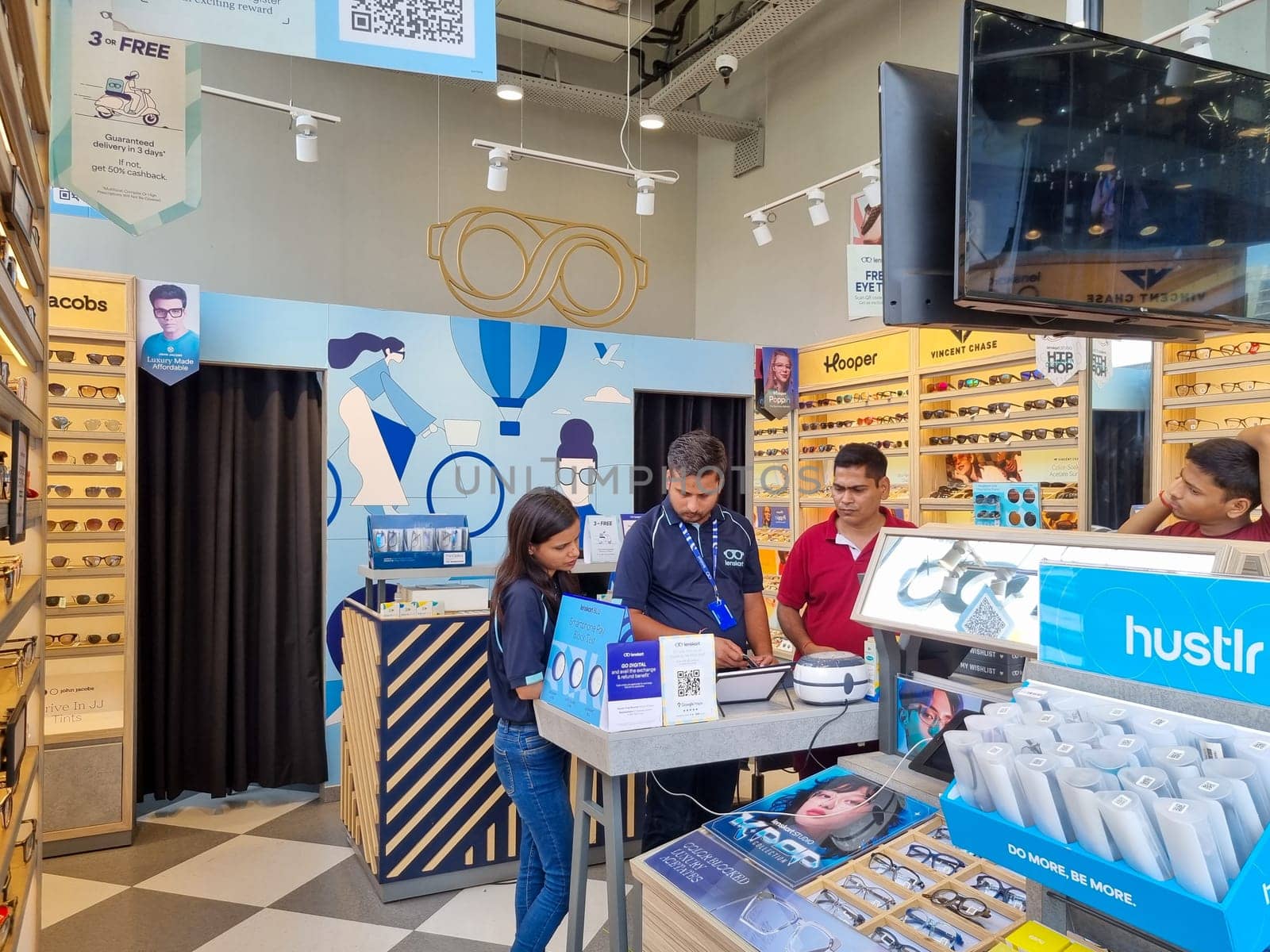 Gurgaon, Delhi, India - 17th Sept 2023: Inside shop of lenskart Indian startup which is now a decacorn unicorn with eyeglasses, sunglasses