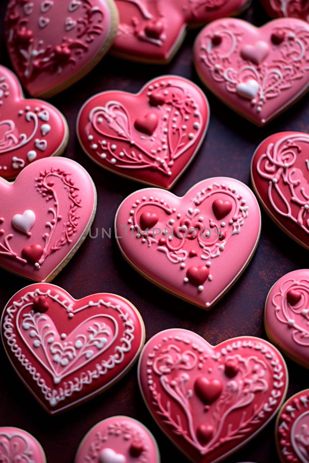 Cookies in the shape of hearts in glaze. Generative AI, Food.