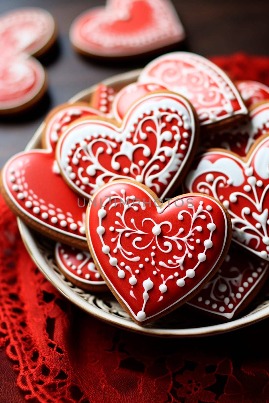 Cookies in the shape of hearts in glaze. Generative AI, by yanadjana