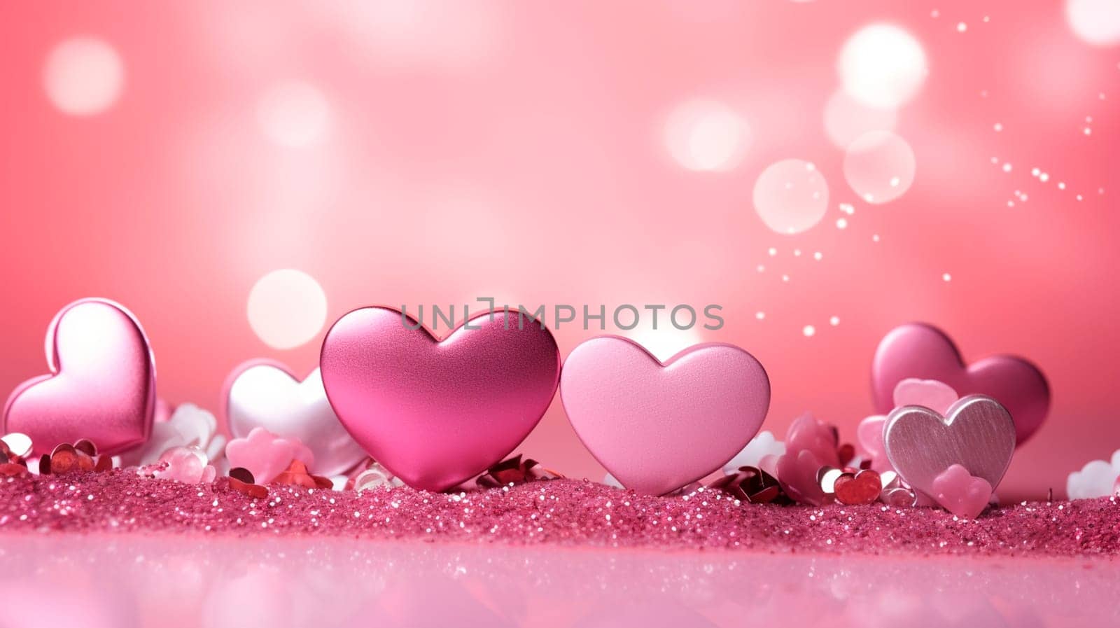 Beautiful background with pink hearts. Generative AI, valentine.